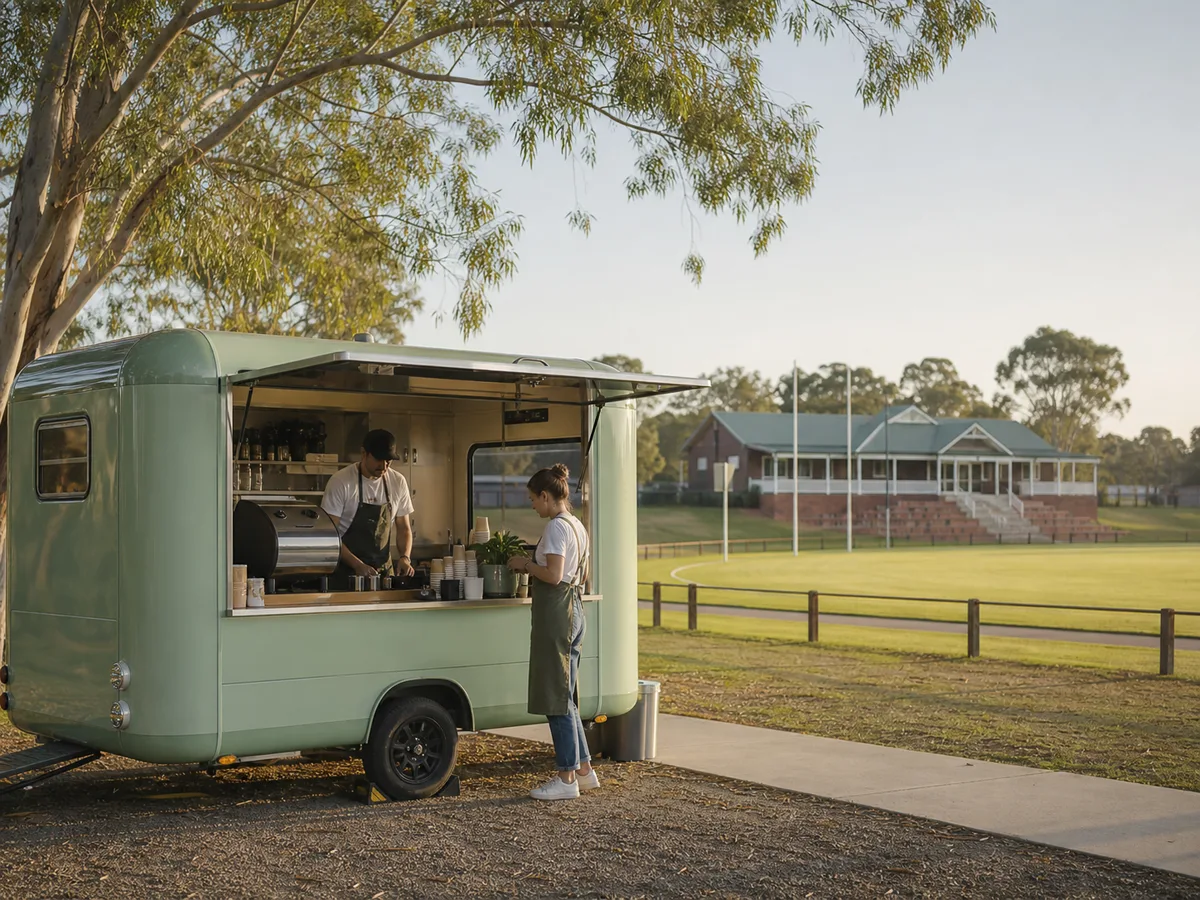 A coffee caravan set up beside a community sports oval