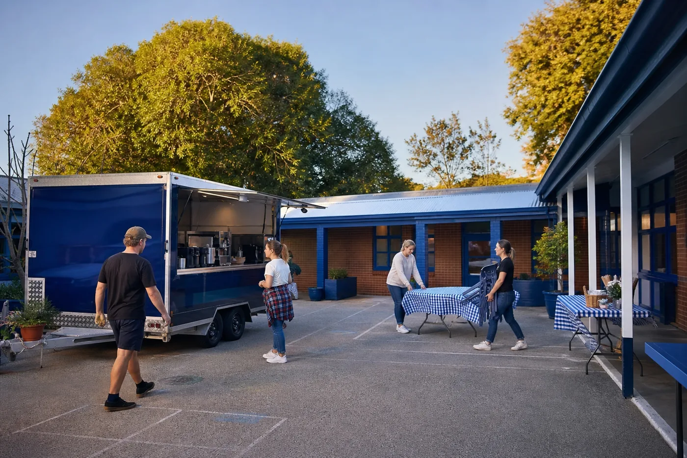 Volunteers setting up tables beside a food trailer in a school courtyard