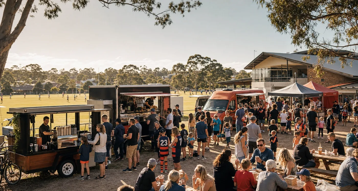 Food trucks and coffee carts serving families at a junior football match